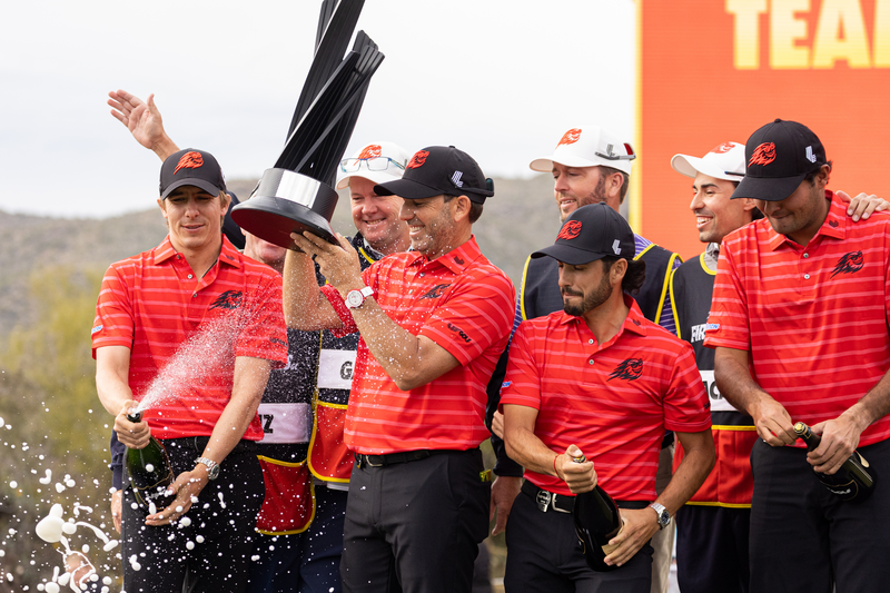 Fireballs GC, captained by Sergio Garcia, celebrate a win on the podium at LIV Golf Tucson.